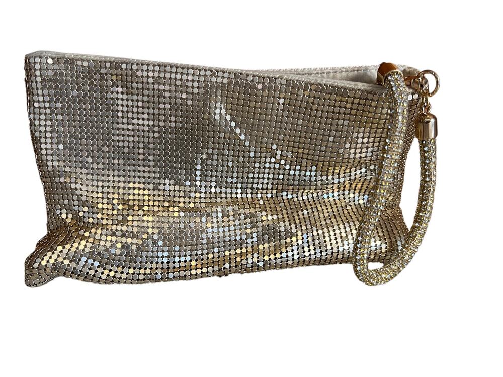 Nina Gold Mesh Wristlet Clutch Bag Rhinestone Wrist Strap